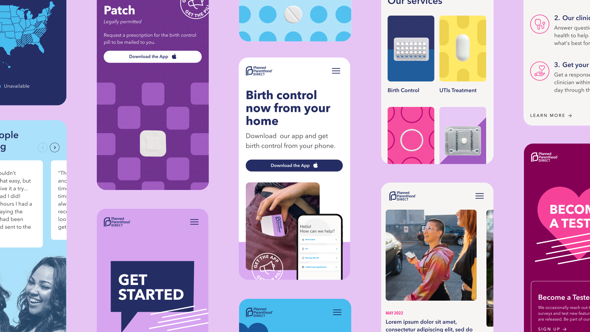 creenshots of the Planned Parenthood Direct website showcasing multiple pages, including state-specific service information, the 'Our Services' page highlighting various reproductive healthcare services, bold graphics, and clear call-to-action buttons. 