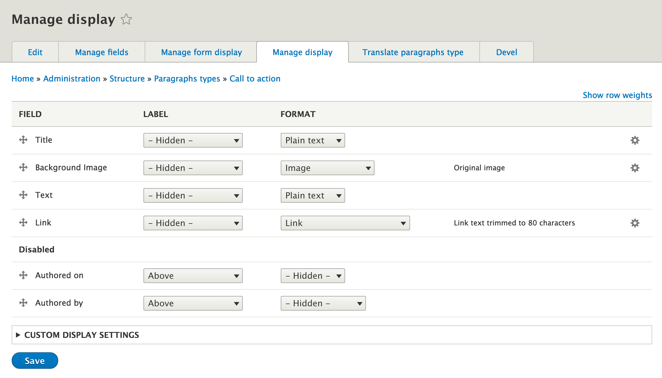 Paragraph type manage display interface