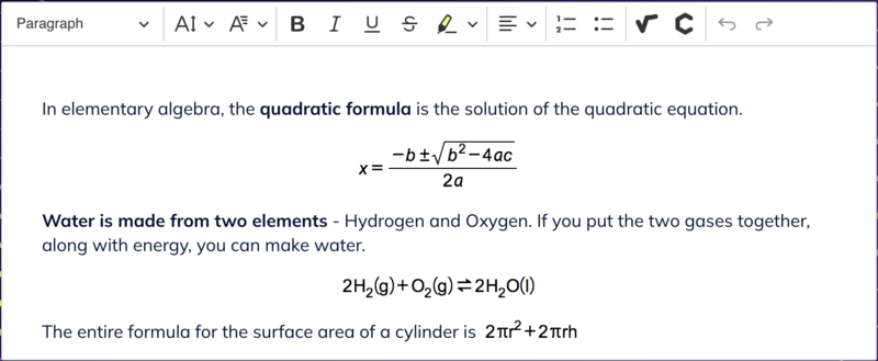 A screenshot of a quadratic formula, chemical formula, and surface area formula being displayed in CKEditor 5.
