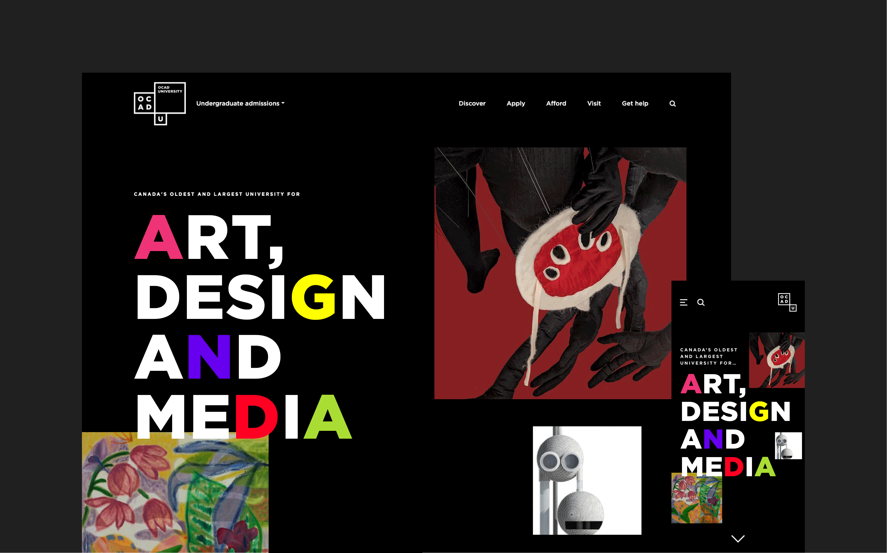 A visually bold homepage with a black background