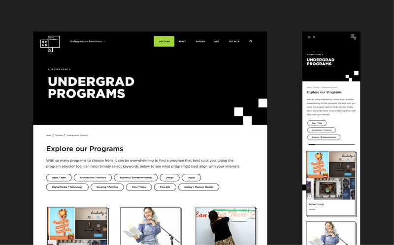 A mockup of a landing page that promotes undergraduate programs on the OCAD U admissions website.