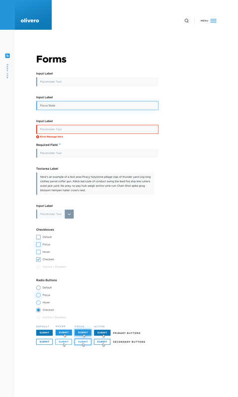  A screenshot of an example form in Olivero, featuring text fields, dropdowns, radio buttons, checkboxes, and submit buttons.