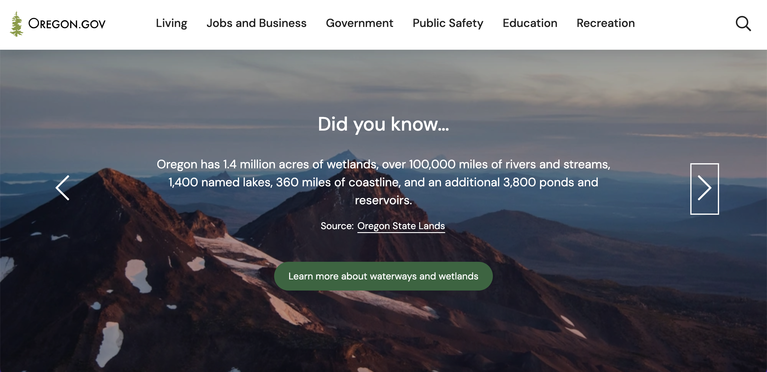 Oregon.gov’s homepage featuring a mountainscape photo and geographical facts. 