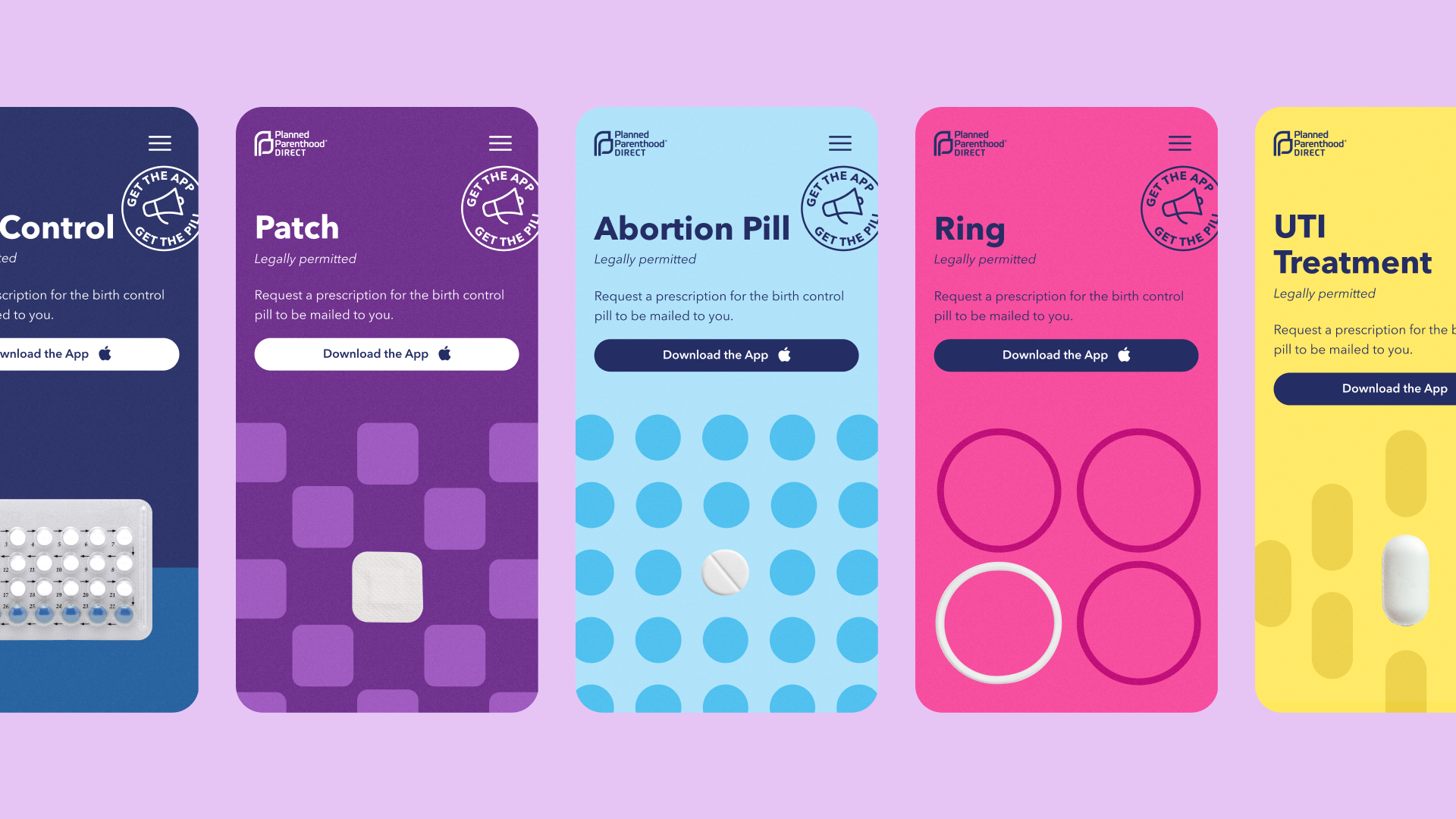 Bold mobile landing pages for different types of contraception