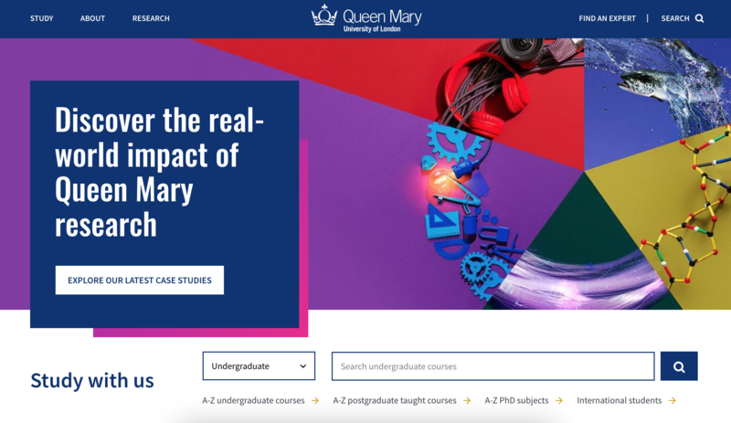 The Queen Mary University of London’s simple but colourful homepage. 