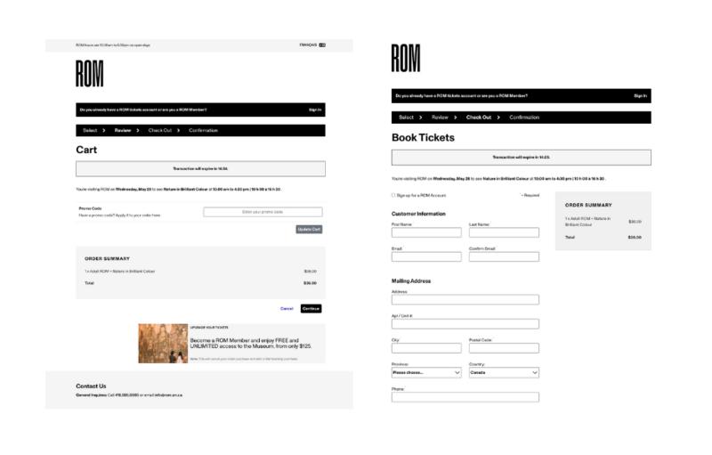 Two screenshots of the ROM’s ticketing process showing a cart with a membership upsell and a booking form with account sign-up.