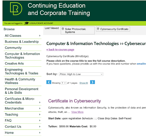Red Deer Polytechnic’s course registration page showing selected programs and a course detail view for a Cybersecurity Certificate.
