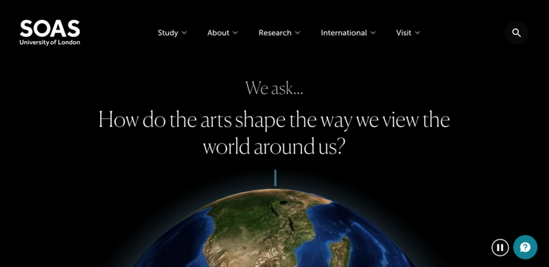 SOAS homepage showing a globe on a black background.