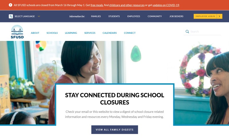 A school website displays a ribbon banner alert and a message on the homepage about school closures due to COVID-19.