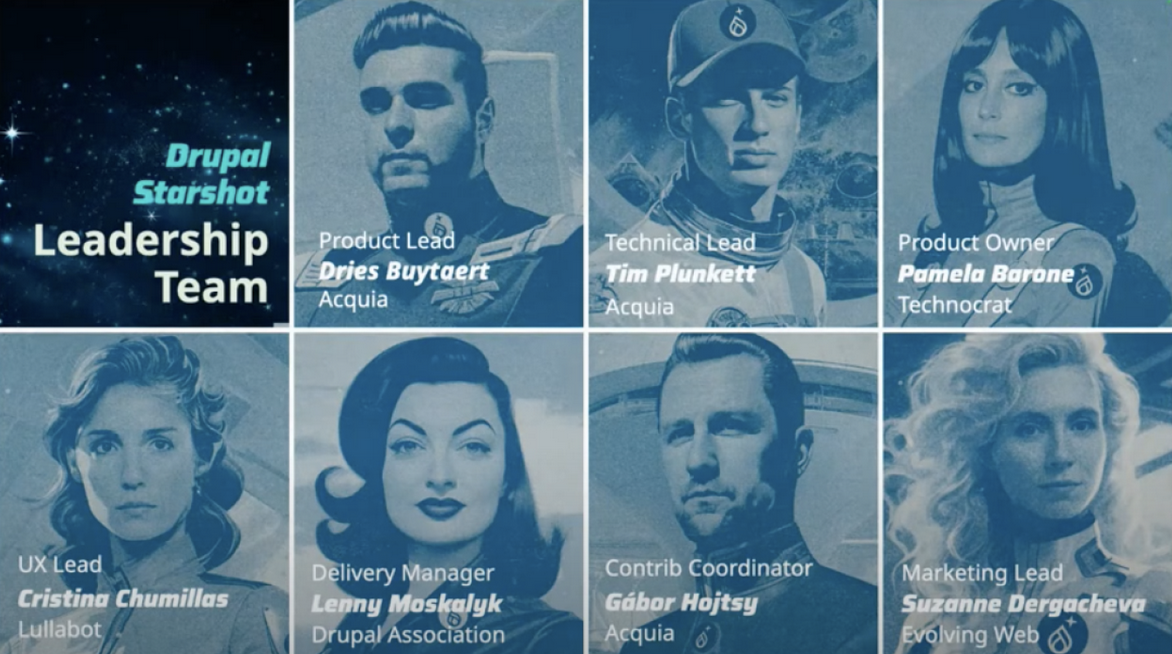 The Drupal Starshot Leadership Team, featuring stylized 1960s style headshots of the 7 members