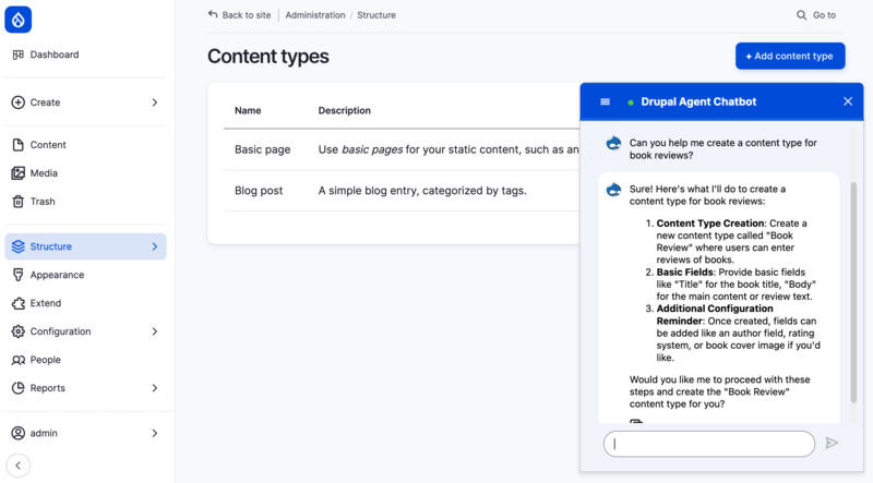 Interface for adding content types with AI chatbot assistant