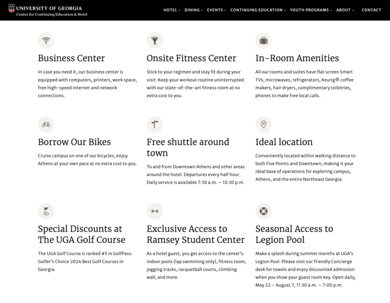 University of Georgia Hotel amenities page: a grid of refined, monochrome icons with short text descriptions, including icons for Business Center (wifi symbol), Onsite Fitness Center (martini glass with dumbbell), In-room amenities (suitcase), Borrow our bikes (bicycle), Free shuttle (bus stop marker), Ideal location (map pin), Special discounts at the golf course (golf flag), Exclusive access to student center (dumbbell), and Seasonal access to pool (swimmer)