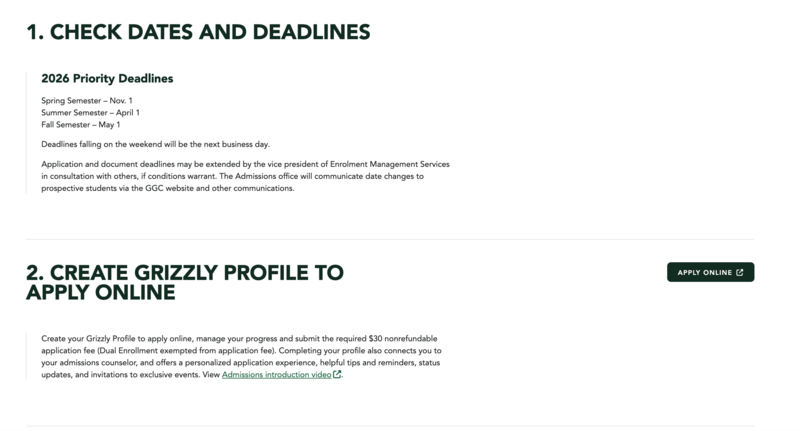 Screenshot of Georgia Gwinnett College’s Freshman Admissions page showing a step-by-step layout. Step 1 lists priority deadlines in a bulleted box. Step 2 explains how to create a Grizzly Profile to apply online, with a prominent "Apply Online" button.