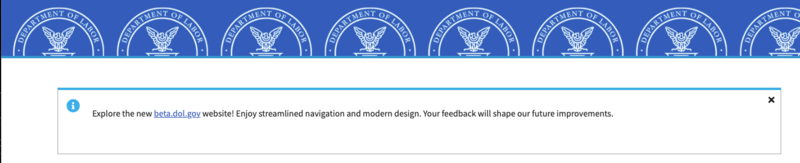 Screenshot of a Department of Labor banner message linking to beta.dol.gov, encouraging users to try the new site and provide feedback.
