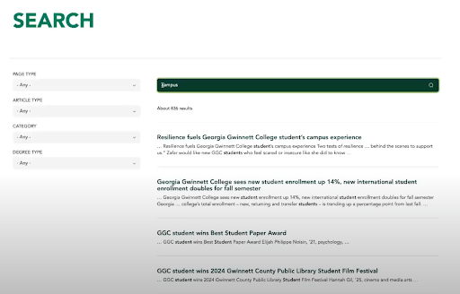 A college website’s search results page showing active filters on the left and dynamically updating results for the query “campus” on the right.
