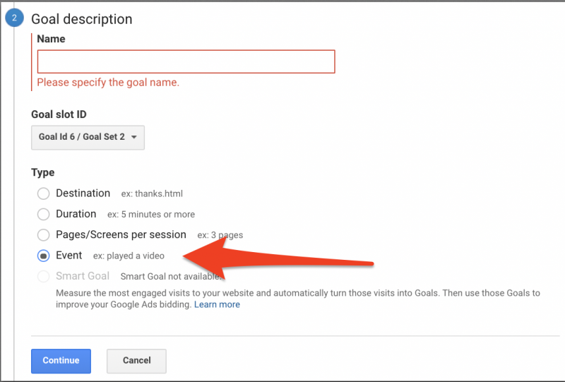 Selecting goal type in Analytics