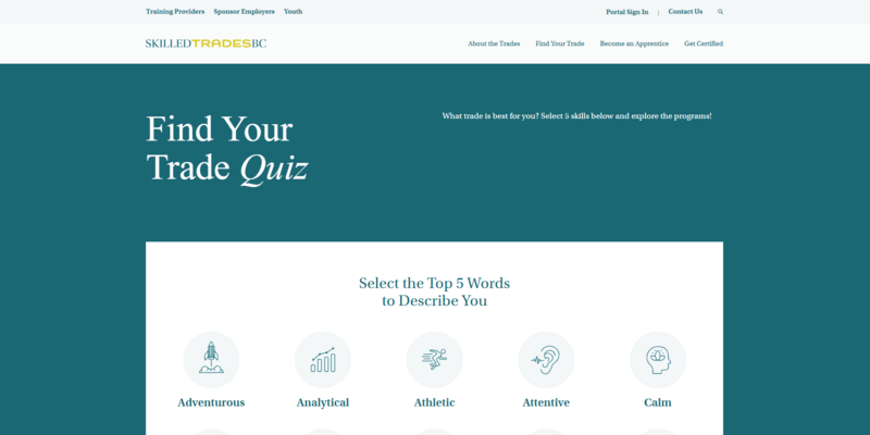 Screenshot of a SkilledTrades BC page with a quiz helping candidates find a new career path.