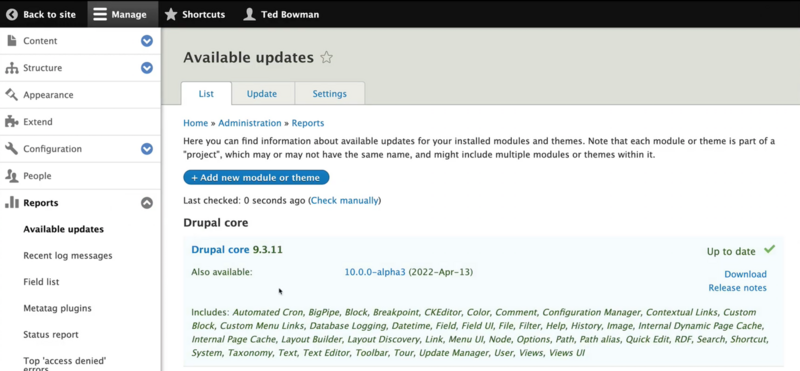 A screenshot of the Available Updates page which shows that Drupal core is up to date with a green tick.
