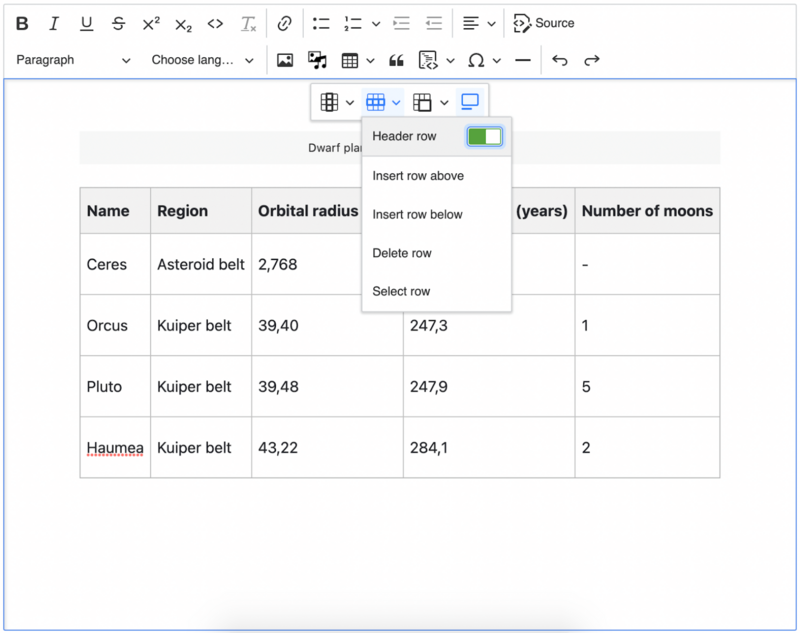 A screenshot of a table being edited in CKEditor 5. Header row is being toggled in a drop-down on the toolbar.