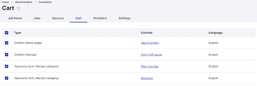 A view of the translation jobs cart, where users add translation jobs