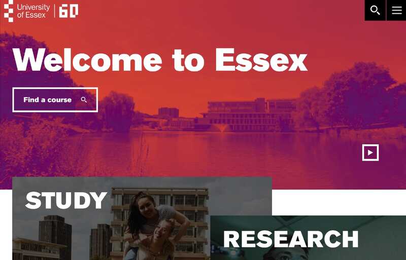 The University of Essex’s homepage, featuring a tinted photo of the campus. 