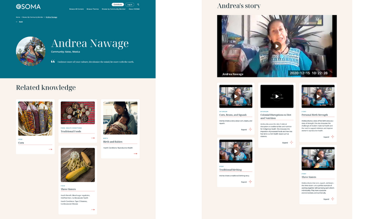 Screenshot of an OSOMA community member profile page for Andrea Nawage, showing her photo, a short quote, related knowledge topics like food and birth, and a collection of personal story videos and interviews.