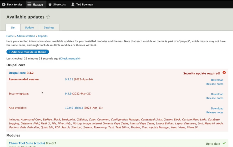  A screenshot of the Available Updates page. An alert in red text shows that a security update is required. 