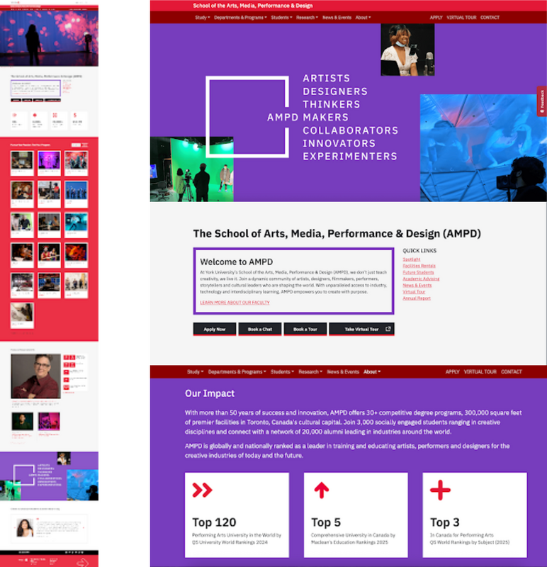 Alt text: Screenshot of York University’s School of the Arts, Media, Performance & Design website, showing how the team reused existing York Digital Experience Hub components with brand-specific styling, including a bold purple header, creative typography, and tailored layouts that reflect the school’s artistic identity while maintaining consistency with the parent university’s design system.