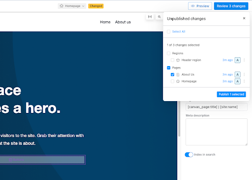 Screenshot of the Drupal Canvas editor showing the continuous saving feature and the ability to selectively publish changes from a list of modified pages.