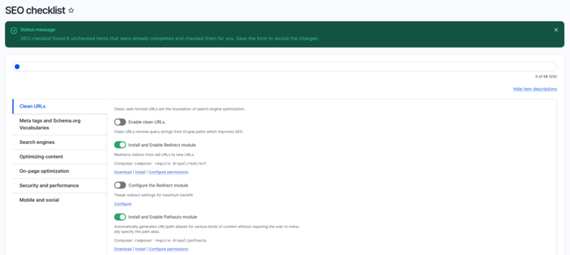 A screenshot of the Drupal CMS SEO checklist