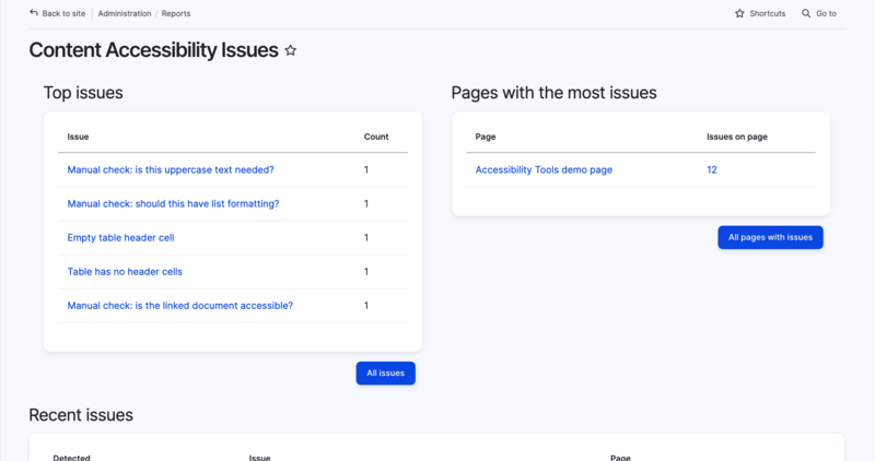 A screenshot of site-wide content accessibility analysis