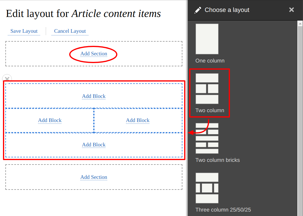 Configure sections and blocks for the content