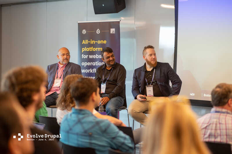 Table ronde à EvolveDrupal Boston avec Samuel Segura, John Doyle et Gaurav Mishra, qui discuteront de l'IA, de Drupal et de Google