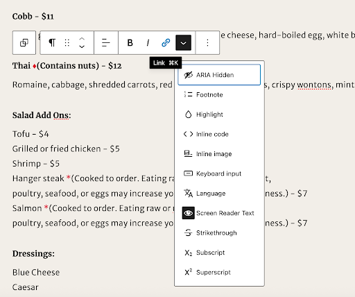 A content editing interface showing a restaurant menu with formatting options. An editor has selected an icon-related menu, highlighting options like “ARIA Hidden” and “Screen Reader Text” in a dropdown.