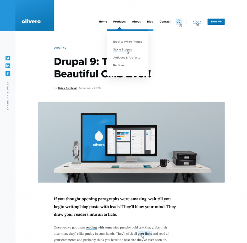 Screen capture of the Olivero front-end theme in Drupal