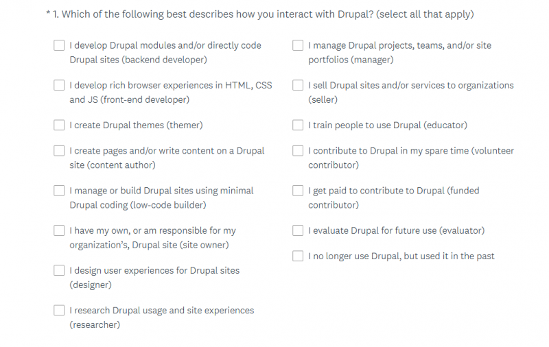 The first question on the 2020 Drupal product survey