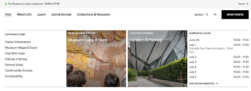 Open megamenu on a museum website showing visitor links, image tiles for maps and parking, and admission hours.