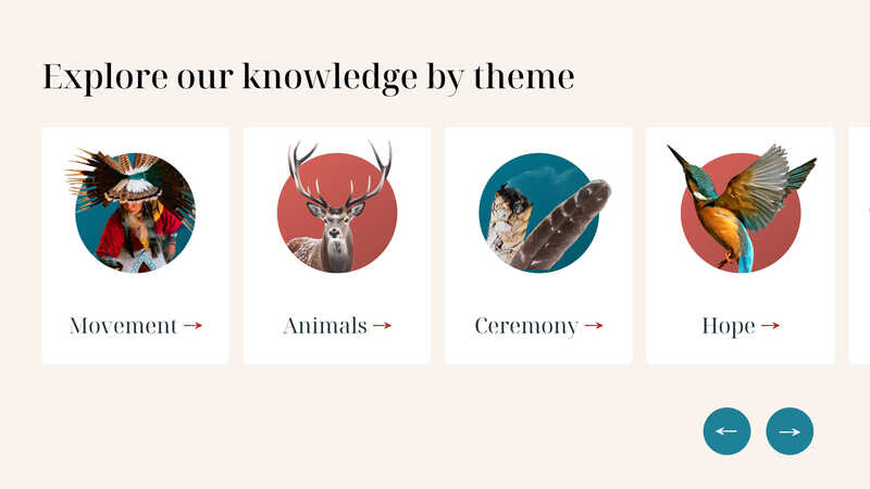 Screenshot of OSOMA’s “Explore our knowledge by theme” section, showing illustrated cards for themes such as Movement, Animals, Ceremony, and Hope that users can select to browse related content.