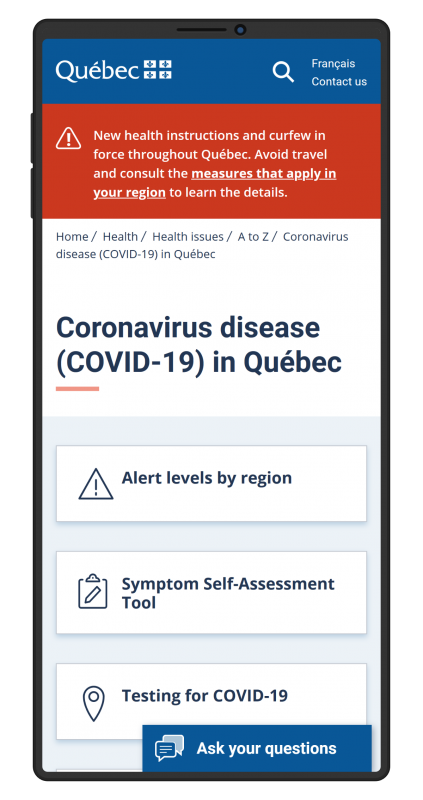 Quebec covid page on mobile