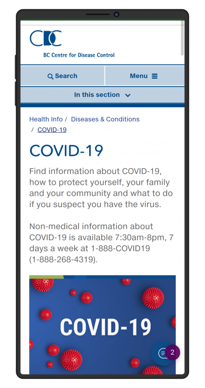 BC covid page on mobile