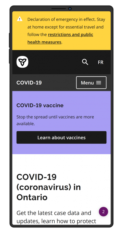 Ontario covid page on mobile