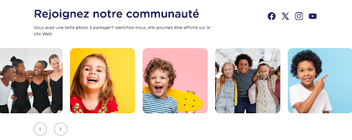 A horizontal image slider featuring photos of smiling children and youth in colorful settings, with navigation arrows below and social media icons above.