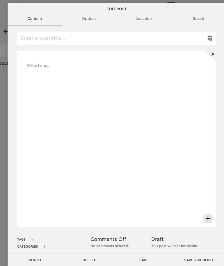 Squarespace UI for creating a post