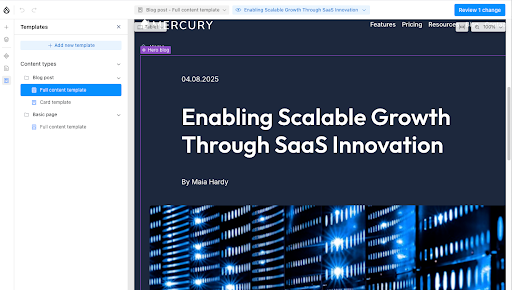 Drupal Canvas template editing interface showing blog post layout preview and template settings panel