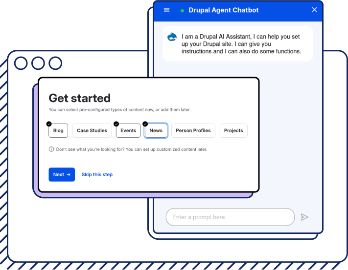 Showcase of the Drupal CMS Get started page and Drupal AI Chatbot feature