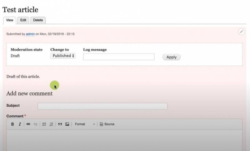 On the View tab, you’ll also see the current moderation state and the states you can change the content to.