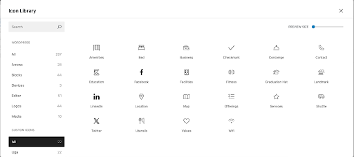 Image de l'interface de la collection d'icônes de WordPress. Les icônes sont disposées en grille et comprennent des catégories telles que Commodités, Lit, Affaires, Liste de contrôle, Concierge, Contact, Éducation, Facebook, Installations, Fitness, Chapeau de diplomation, Monument, LinkedIn, Emplacement, Carte des offres, Services de navette, Twitter, Parapluie. Valeurs et WiFi. Sur le côté gauche, une barre de recherche et des options de filtrage sont affichées.