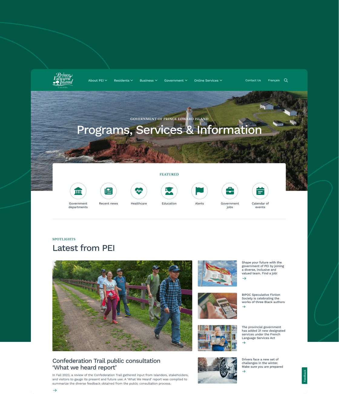 Une capture d’écran de la page d’accueil du gouvernement de l’Î.-P.-É.