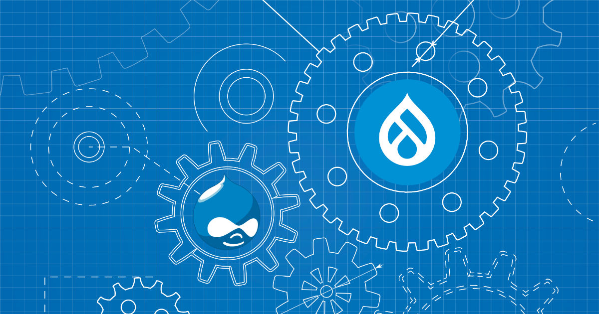 an image of a blueprint with gears and the logos of Drupal 7 and Drupal 9