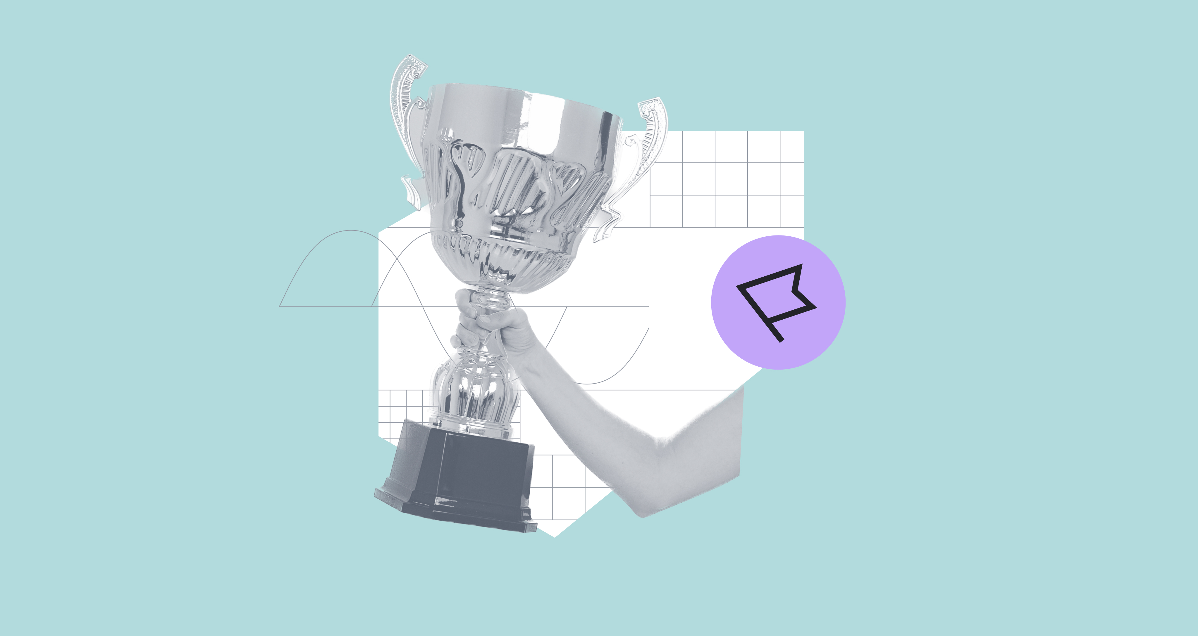 A trophy is being held up by a hand that is floating in space 